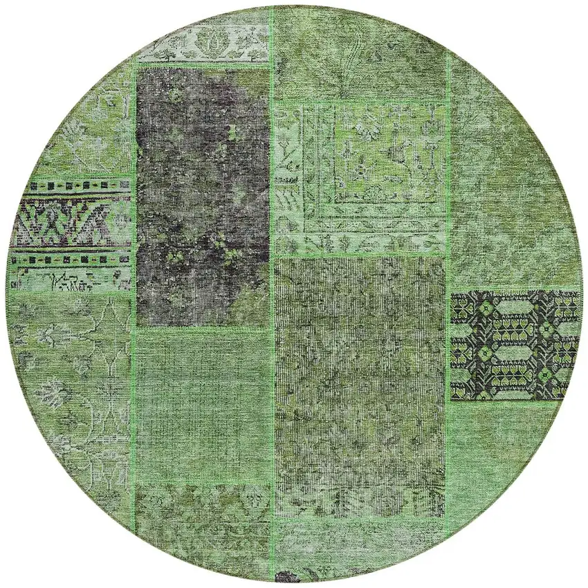 8' Green And Olive Green Round Patchwork Washable Indoor Outdoor Area Rug Photo 5