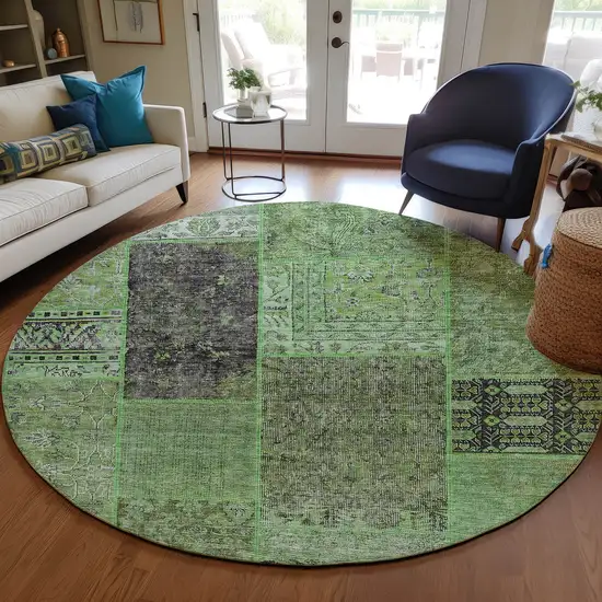 8' Green And Olive Green Round Patchwork Washable Indoor Outdoor Area Rug Photo 7