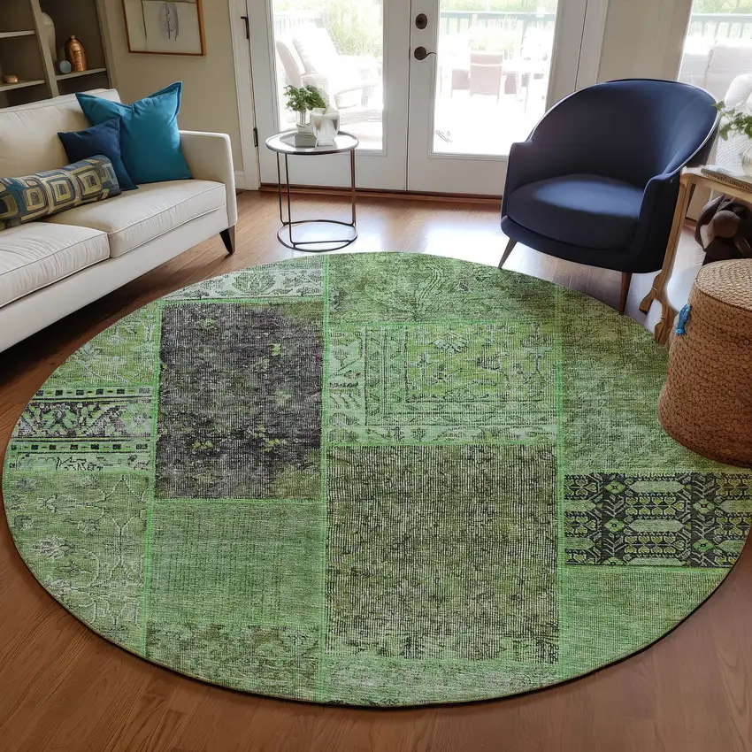 8' Green And Olive Green Round Patchwork Washable Indoor Outdoor Area Rug Photo 7