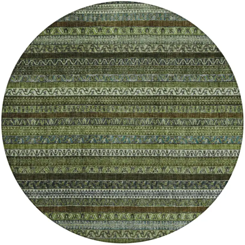8' Green And Olive Green Round Striped Washable Indoor Outdoor Area Rug Photo 4