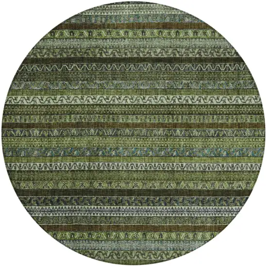 8' Green And Olive Green Round Striped Washable Indoor Outdoor Area Rug Photo 4