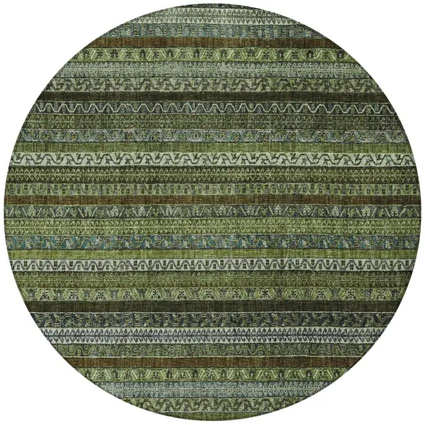 8' Green And Olive Green Round Striped Washable Indoor Outdoor Area Rug Photo 2