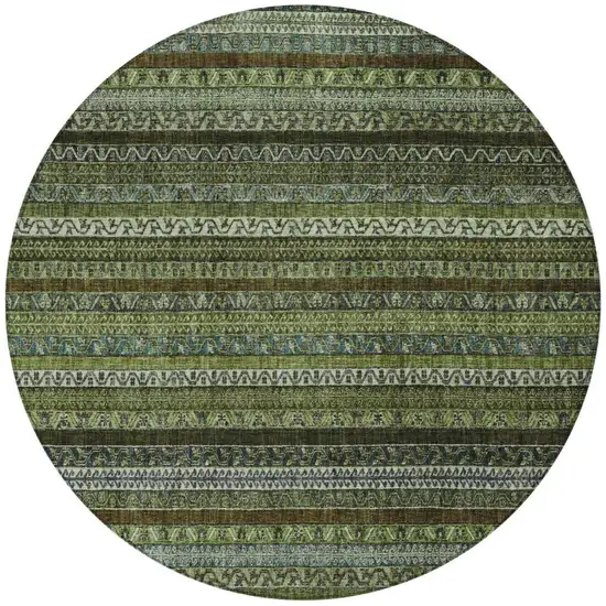 8' Green And Olive Green Round Striped Washable Indoor Outdoor Area Rug Photo 2