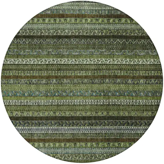 8' Green And Olive Green Round Striped Washable Indoor Outdoor Area Rug Photo 3