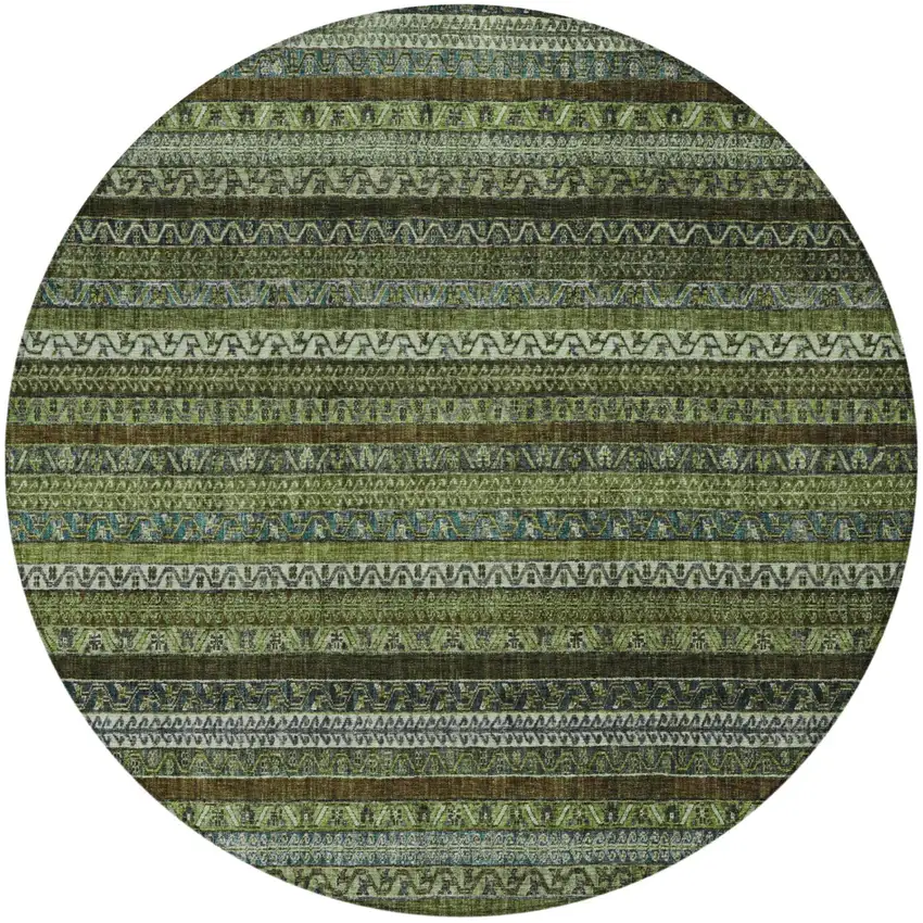 8' Green And Olive Green Round Striped Washable Indoor Outdoor Area Rug Photo 3