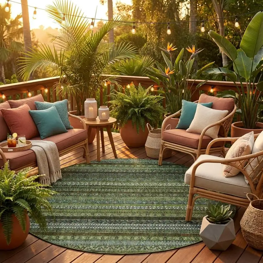 8' Green And Olive Green Round Striped Washable Indoor Outdoor Area Rug Photo 1