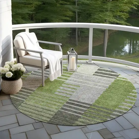 8' Green And Olive Green Round Striped Washable Indoor Outdoor Area Rug Photo 6