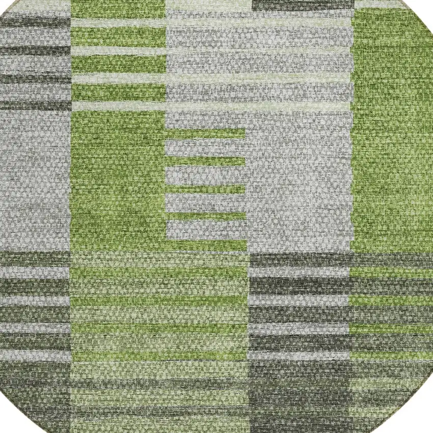 8' Green And Olive Green Round Striped Washable Indoor Outdoor Area Rug Photo 4