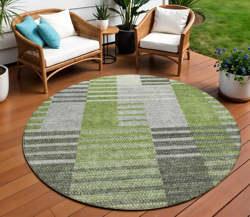 8' Green And Olive Green Round Striped Washable Indoor Outdoor Area Rug Photo 1
