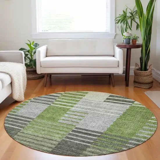 8' Green And Olive Green Round Striped Washable Indoor Outdoor Area Rug Photo 7