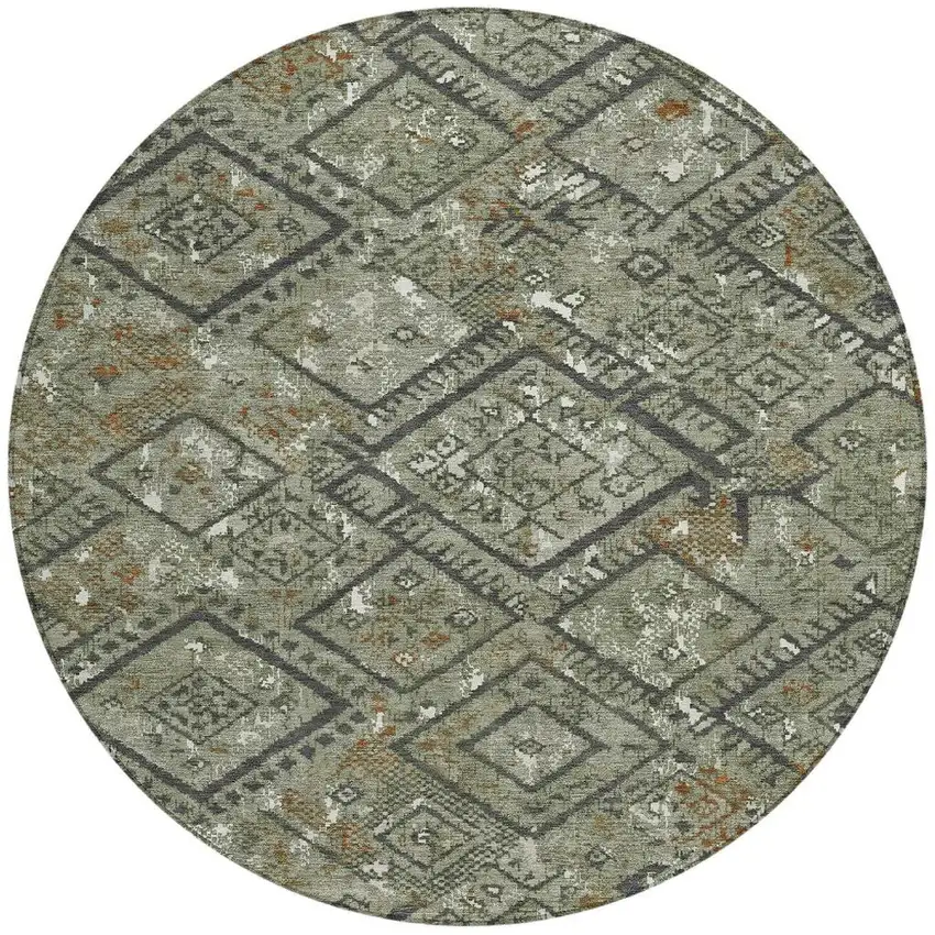 8' Green And Orange Round Geometric Washable Indoor Outdoor Area Rug Photo 3