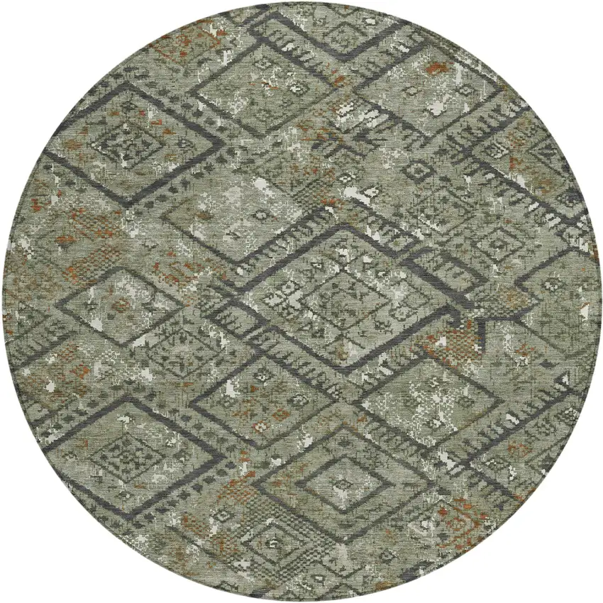 8' Green And Orange Round Geometric Washable Indoor Outdoor Area Rug Photo 1