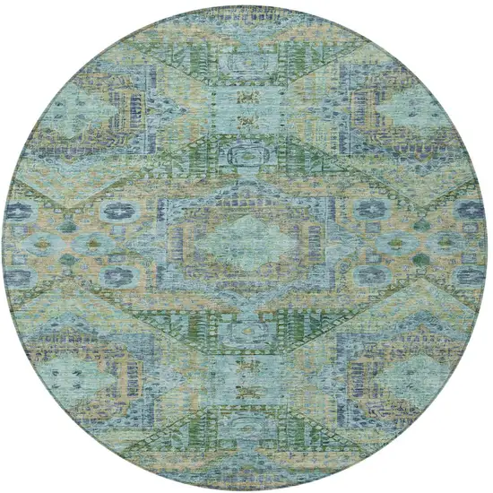 8' Green And Pale Aqua Round Moroccan Washable Indoor Outdoor Area Rug Photo 3