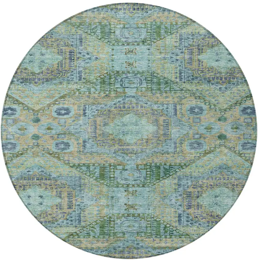 8' Green And Pale Aqua Round Moroccan Washable Indoor Outdoor Area Rug Photo 3