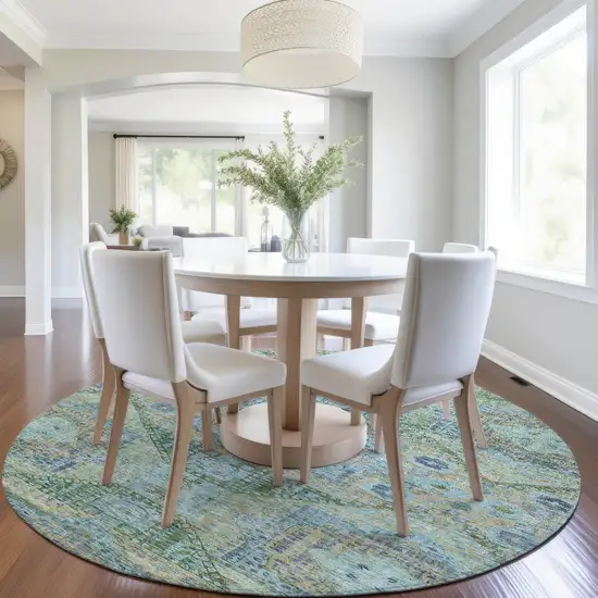 8' Green And Pale Aqua Round Moroccan Washable Indoor Outdoor Area Rug Photo 6