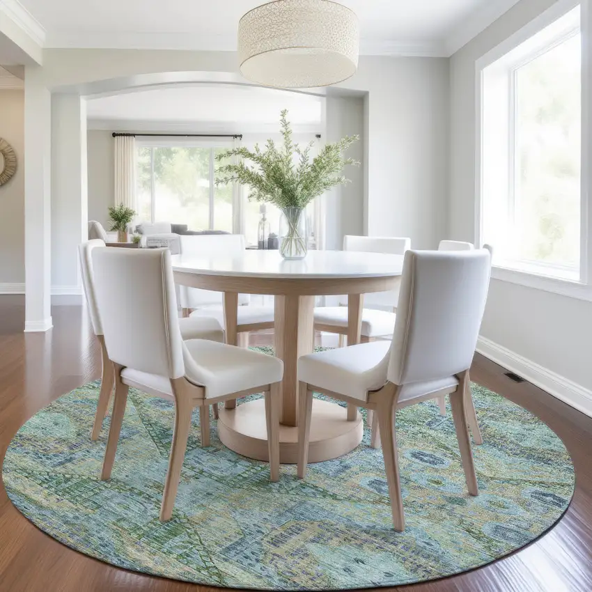 8' Green And Pale Aqua Round Moroccan Washable Indoor Outdoor Area Rug Photo 6