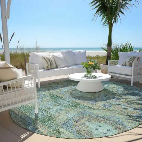 8' Green And Pale Aqua Round Moroccan Washable Indoor Outdoor Area Rug Photo 5