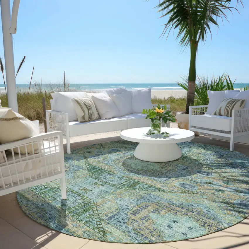 8' Green And Pale Aqua Round Moroccan Washable Indoor Outdoor Area Rug Photo 5
