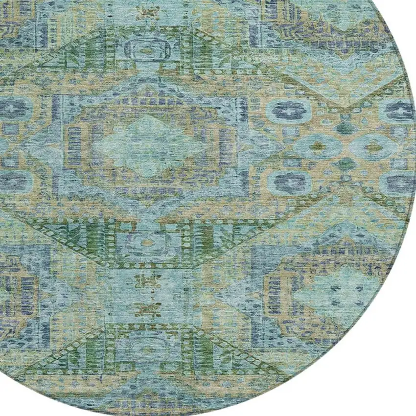 8' Green And Pale Aqua Round Moroccan Washable Indoor Outdoor Area Rug Photo 4