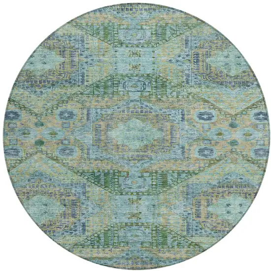 8' Green And Pale Aqua Round Moroccan Washable Indoor Outdoor Area Rug Photo 1