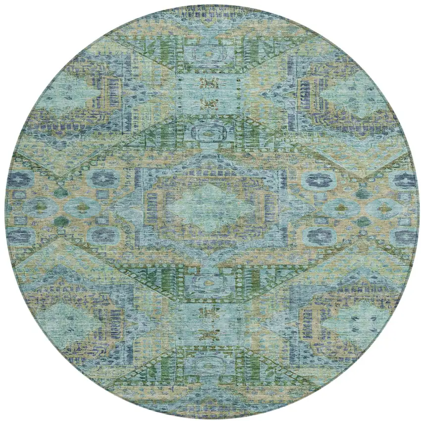 8' Green And Pale Aqua Round Moroccan Washable Indoor Outdoor Area Rug Photo 1