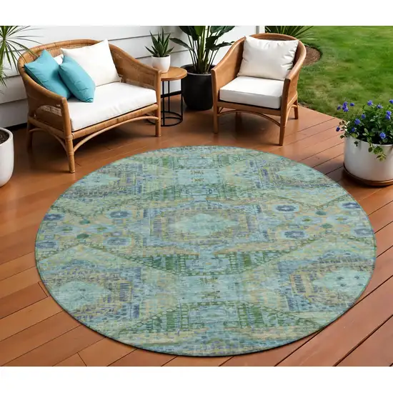 8' Green And Pale Aqua Round Moroccan Washable Indoor Outdoor Area Rug Photo 2
