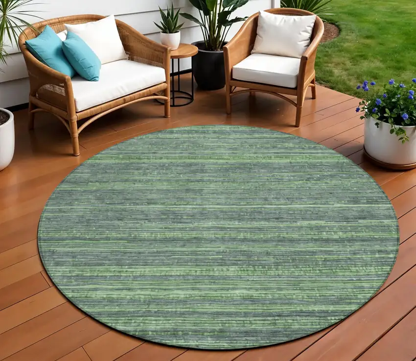 8' Green And Pale Aqua Round Striped Washable Indoor Outdoor Area Rug Photo 2