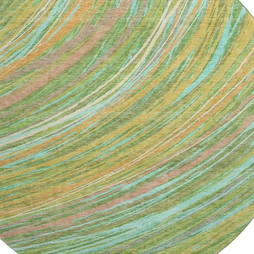 8' Green And Peach Abstract Washable Round Rug With UV Protection Photo 3