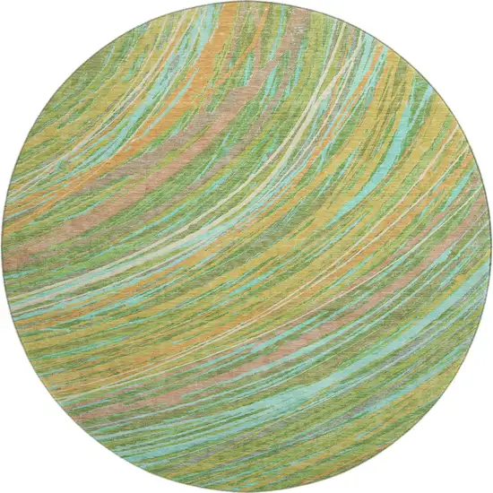 8' Green And Peach Abstract Washable Round Rug With UV Protection Photo 1