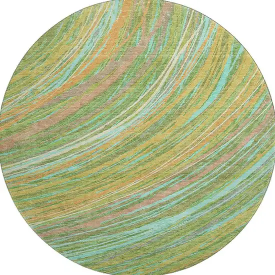 8' Green And Peach Abstract Washable Round Rug With UV Protection Photo 4