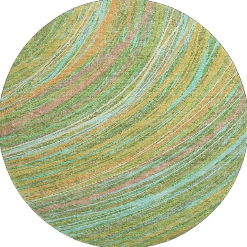 8' Green And Peach Abstract Washable Round Rug With UV Protection Photo 4