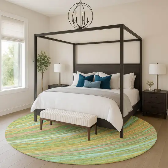 8' Green And Peach Abstract Washable Round Rug With UV Protection Photo 5