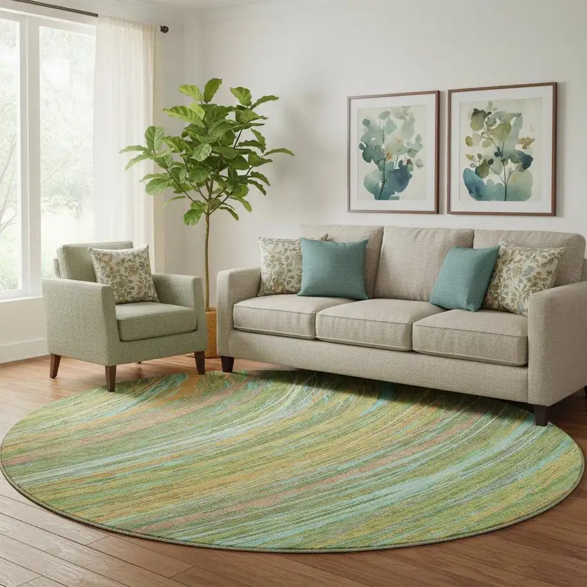 8' Green And Peach Abstract Washable Round Rug With UV Protection Photo 2