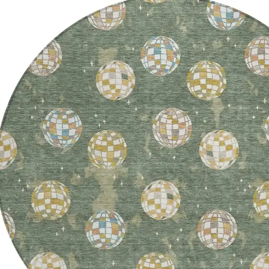 8' Green And Pearl Round Geometric Washable Indoor Outdoor Area Rug Photo 5