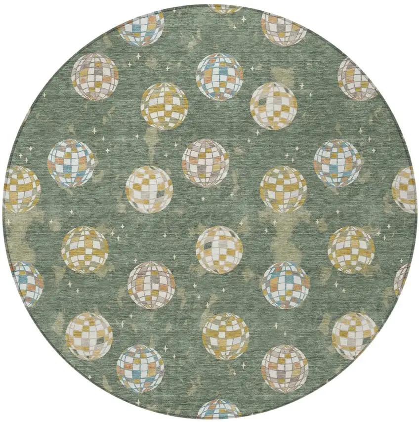 8' Green And Pearl Round Geometric Washable Indoor Outdoor Area Rug Photo 4