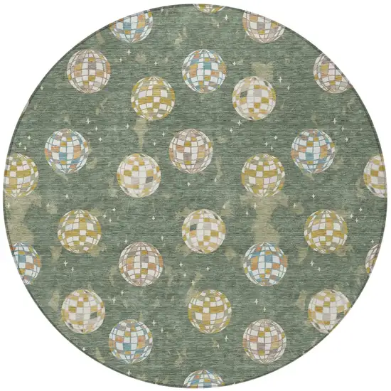 8' Green And Pearl Round Geometric Washable Indoor Outdoor Area Rug Photo 4