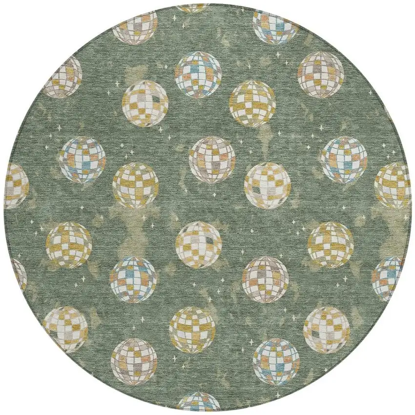 8' Green And Pearl Round Geometric Washable Indoor Outdoor Area Rug Photo 3