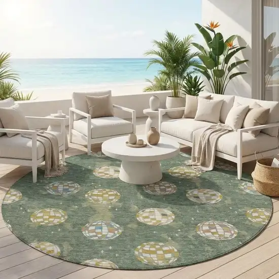 8' Green And Pearl Round Geometric Washable Indoor Outdoor Area Rug Photo 1
