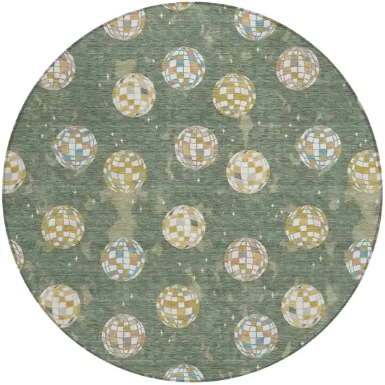 8' Green And Pearl Round Geometric Washable Indoor Outdoor Area Rug Photo 2