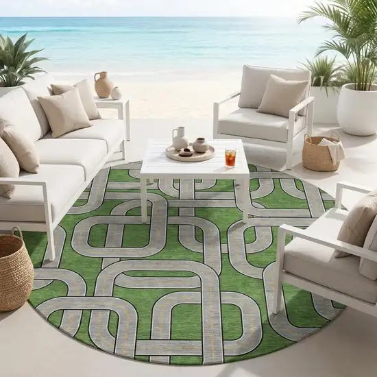 8' Green And Pewter Round Geometric Washable Indoor Outdoor Area Rug Photo 1