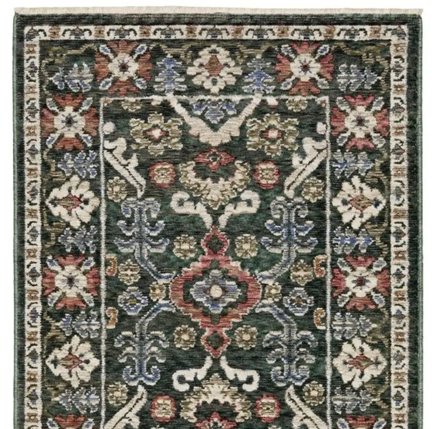 8' Green And Pink Floral Runner Rug With Fringe Photo 4