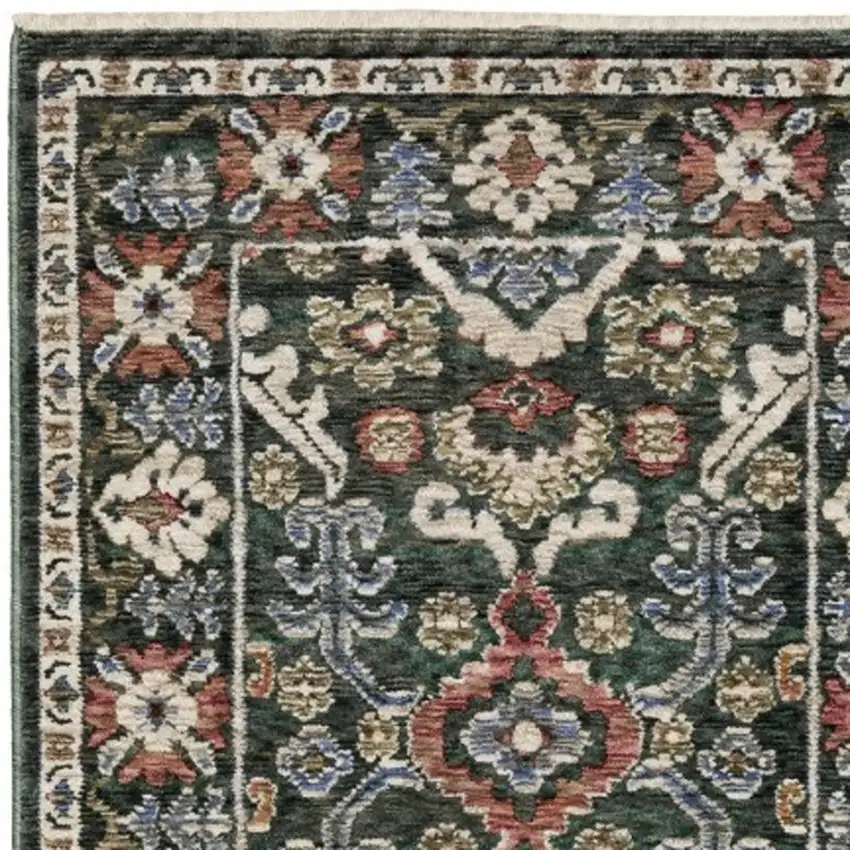 8' Green And Pink Floral Runner Rug With Fringe Photo 9