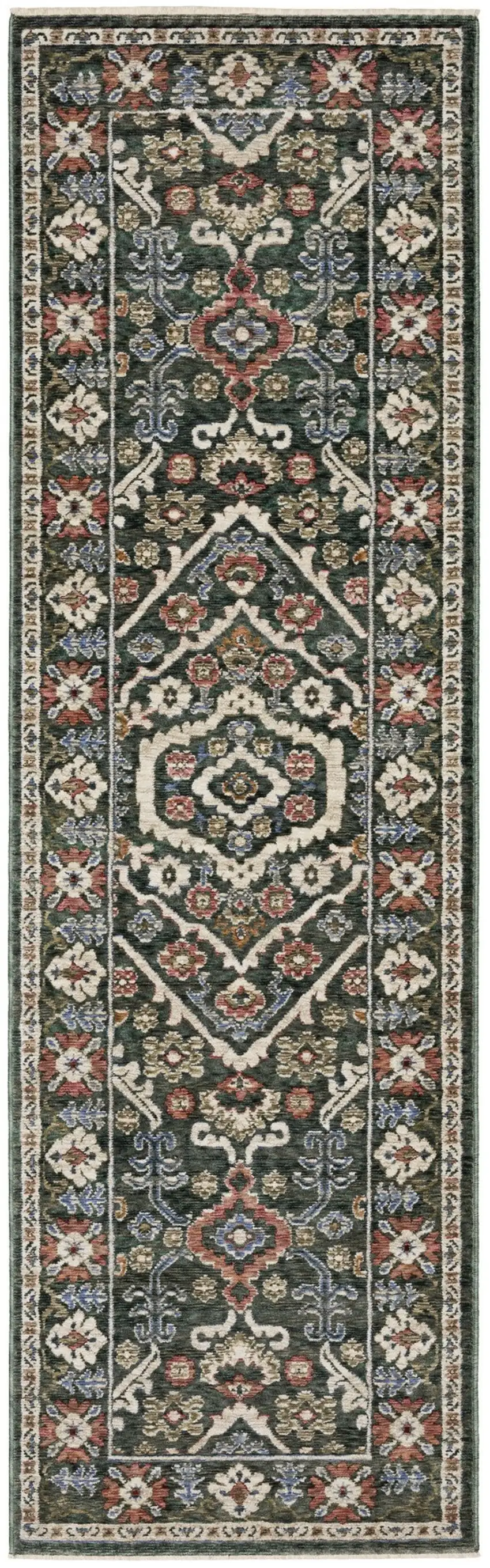 8' Green And Pink Floral Runner Rug With Fringe Photo 2