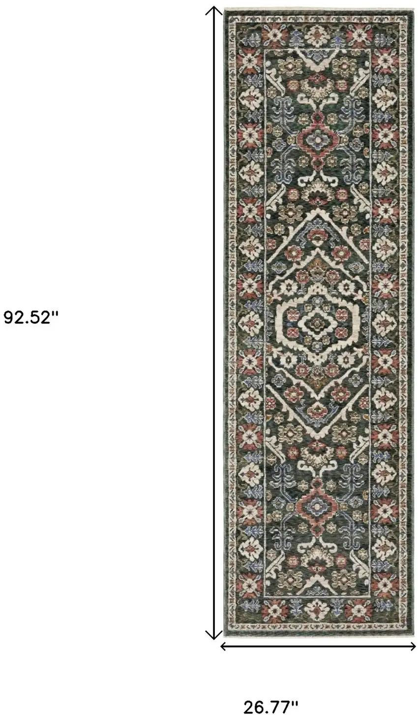 8' Green And Pink Floral Runner Rug With Fringe Photo 3