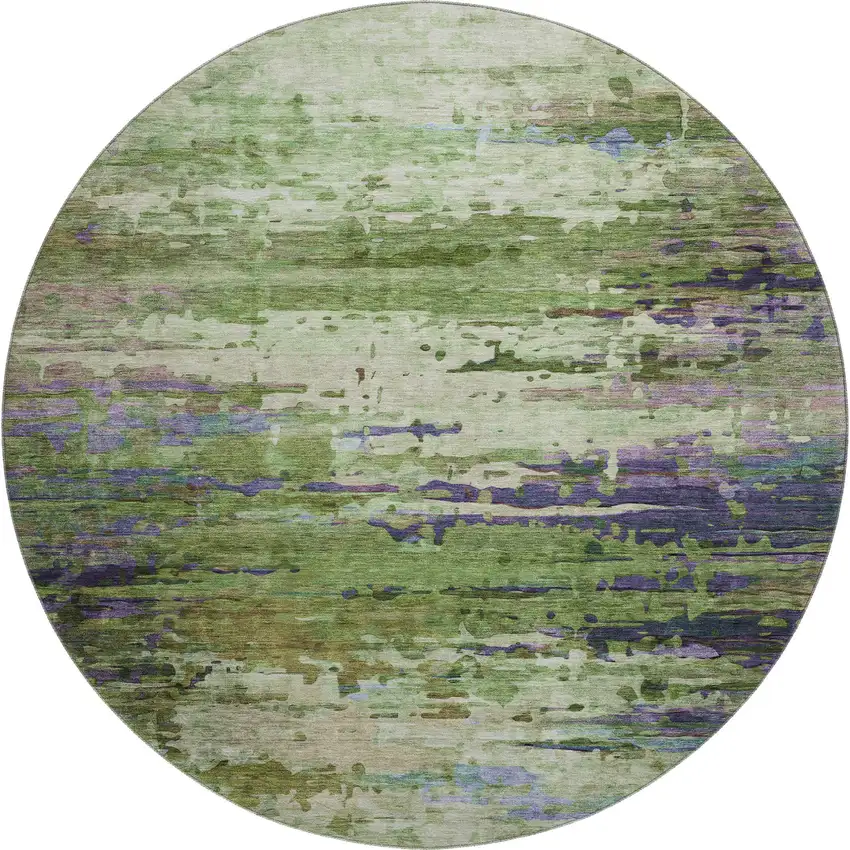8' Green And Purple Abstract Washable Round Rug With UV Protection Photo 1