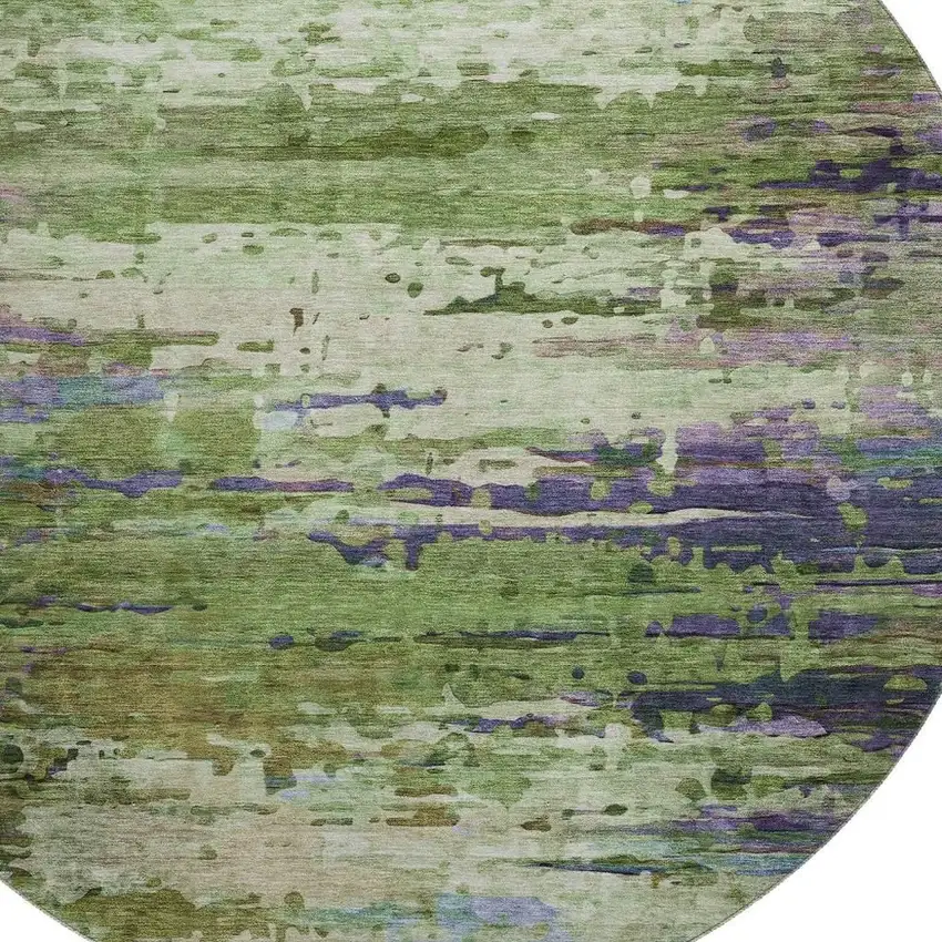 8' Green And Purple Abstract Washable Round Rug With UV Protection Photo 3