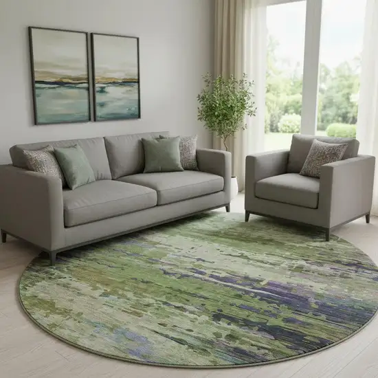 8' Green And Purple Abstract Washable Round Rug With UV Protection Photo 2