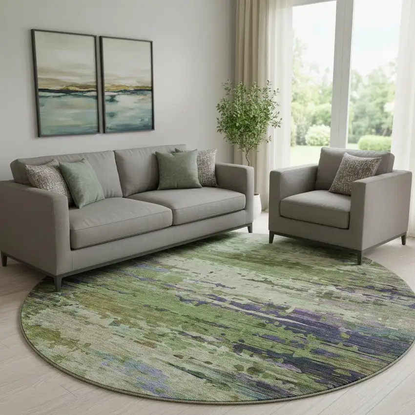 8' Green And Purple Abstract Washable Round Rug With UV Protection Photo 2