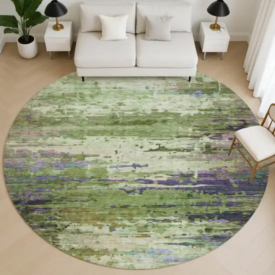 8' Green And Purple Abstract Washable Round Rug With UV Protection Photo 5