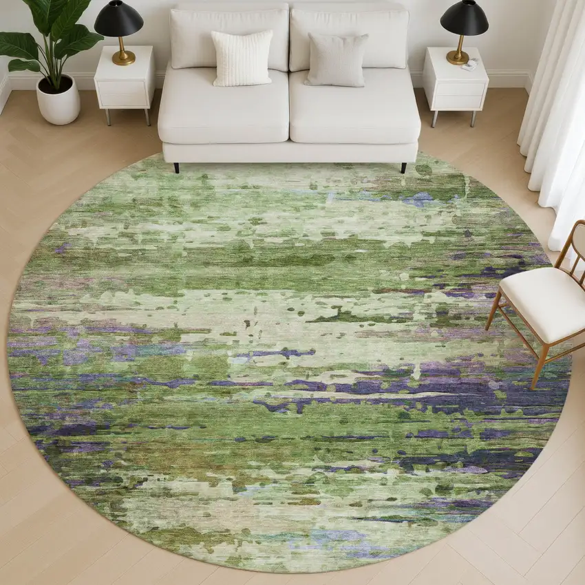 8' Green And Purple Abstract Washable Round Rug With UV Protection Photo 5